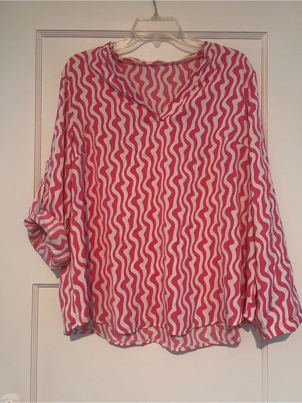 Pink and White Wave-Print V-Neck Blouse